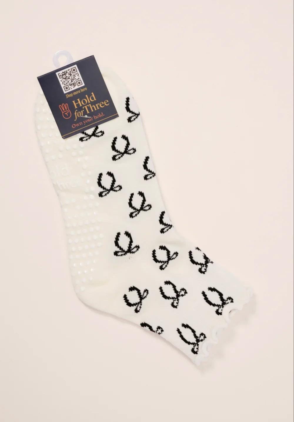 Hold for Three Bow Grip Socks in Ivory/Black Bows