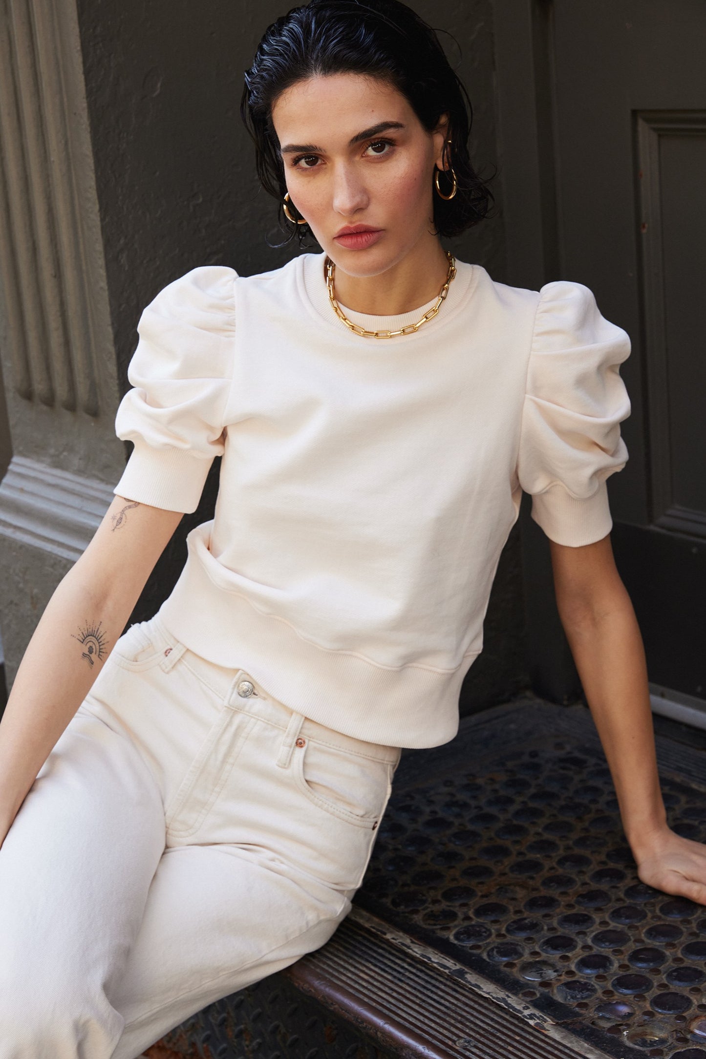 Sold Out NYC The Just Enough Puff Short Sleeve Sweatshirt in Cream
