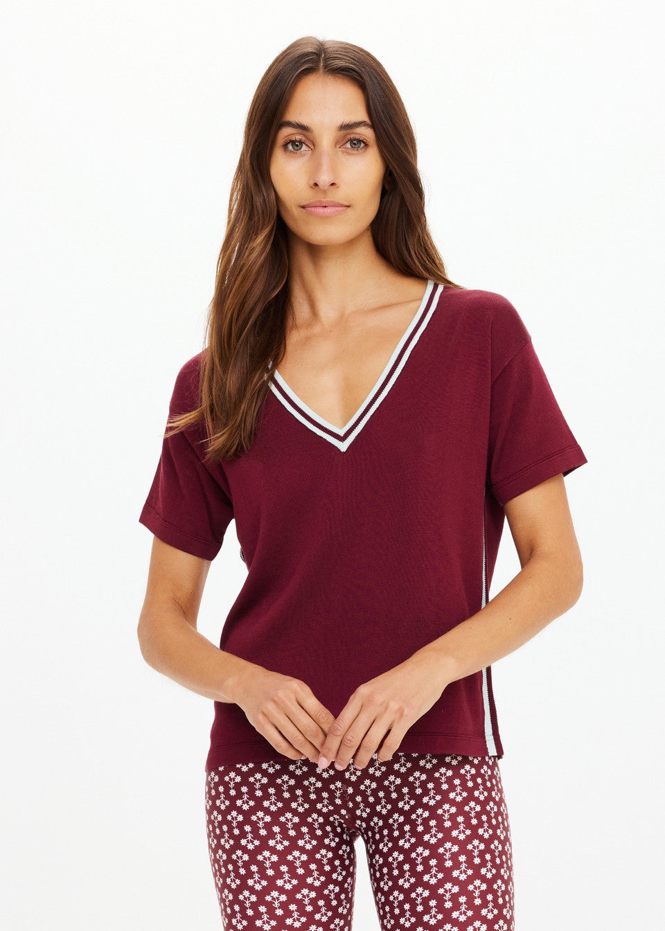 The Upside Sienna V Neck Tee in Merlot