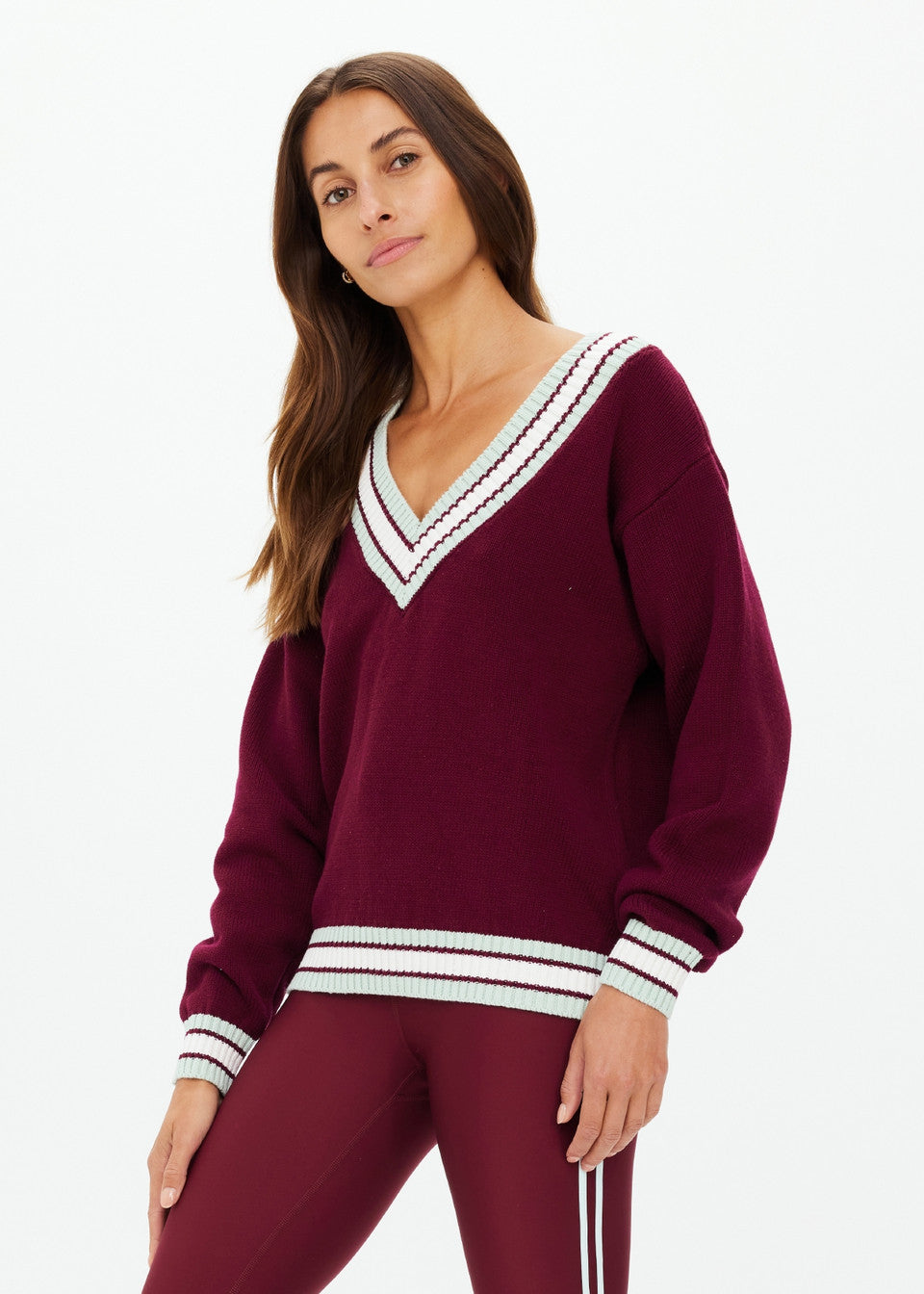 The Upside Josette V Neck Knit Sweater in Merlot