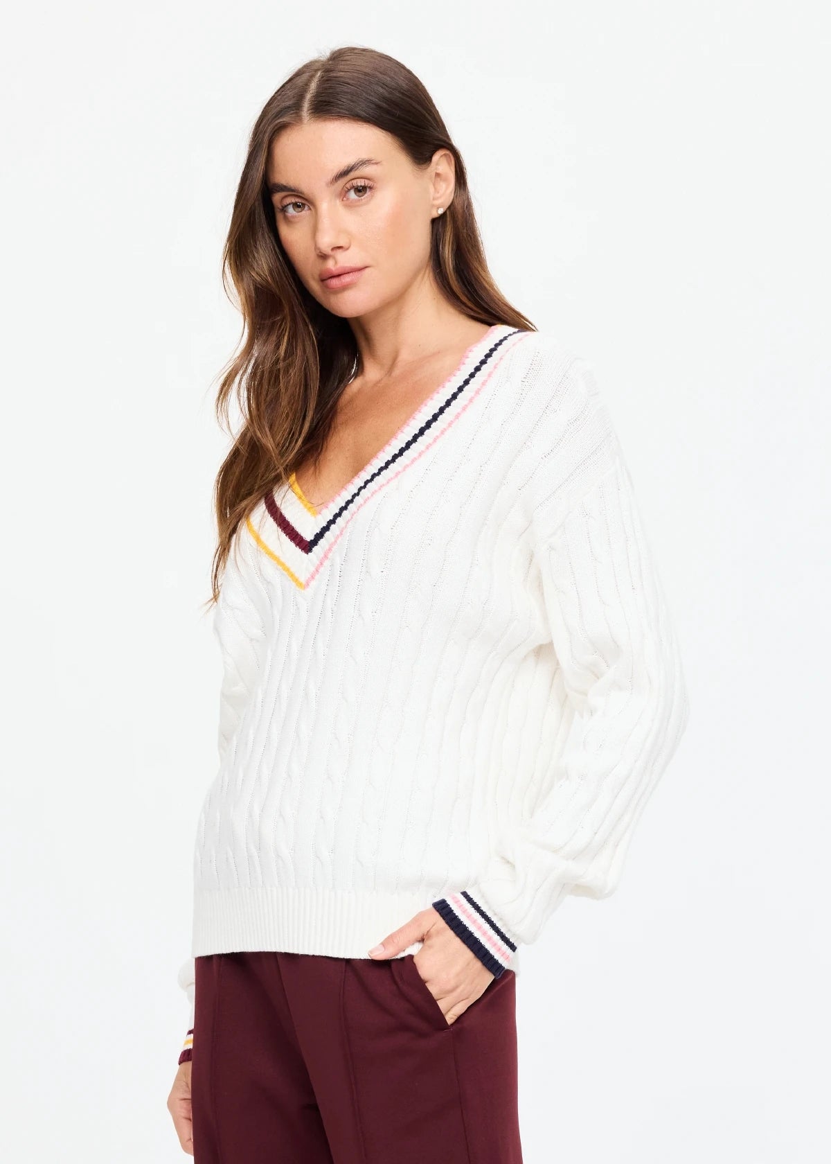 The Upside Josette V Neck Knit Sweater in Cream