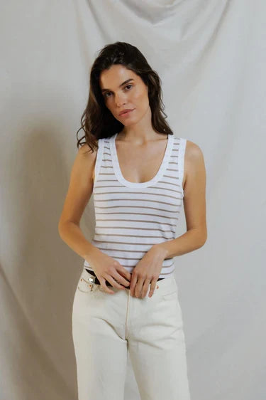 Perfectwhitetee Khara Stripe Tank in Driftwood/White Stripe