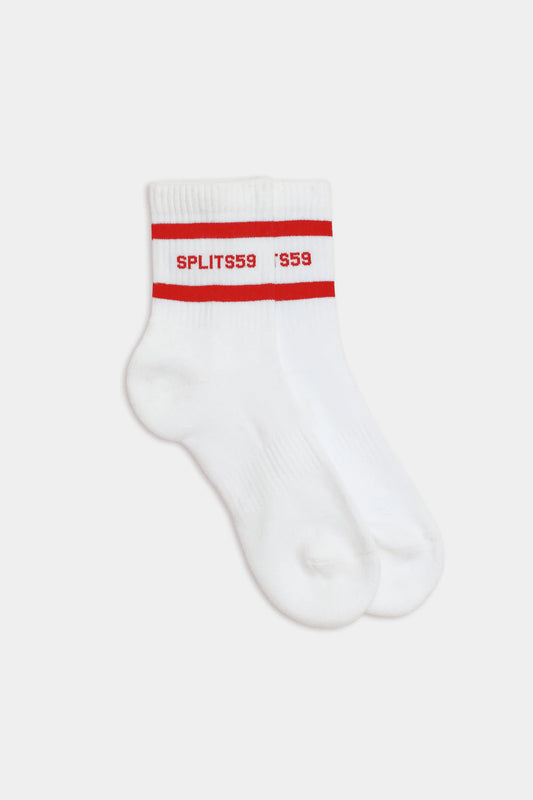 Splits59 Logo Stripe Quarter Socks in White/Lotus Red